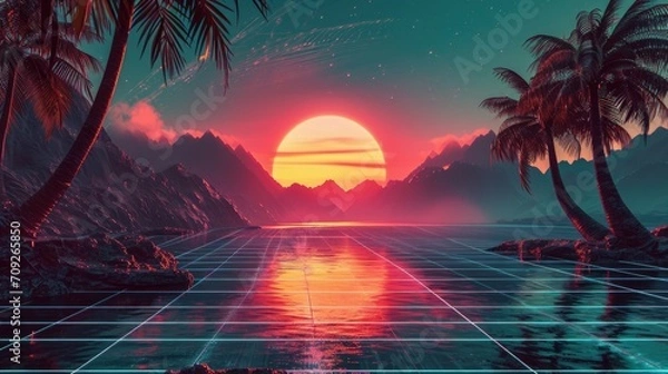 Fototapeta Streszczenie retro Sci-Fi Grid 80-tych, 90. Neon Colours Night and Sunset, vintage Cyberpunk ilustracja, Neon Landscape w stylu retro synthwave.