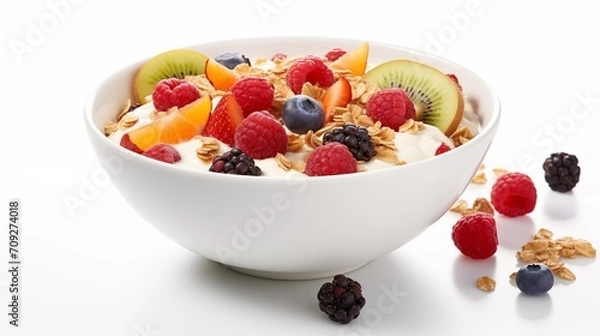 Fototapeta Cereal with fresh fruit, berries, and yogurt on a white background