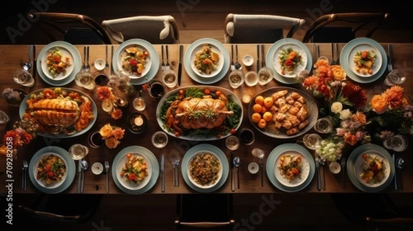 Obraz Dinner table with turkey and other traditional dishes. Top view