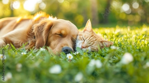 Fototapeta Cute dog and cat lying together on a green grass field nature in a spring sunny background