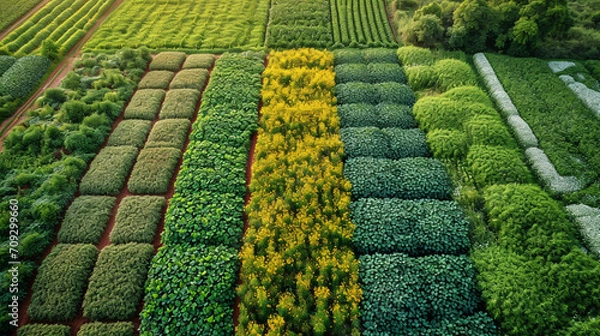 Fototapeta An aerial perspective of a cotton farm quilted with patterns of vibrant green and white, showcasing the geometric beauty of the crops as they progress through different stages of g