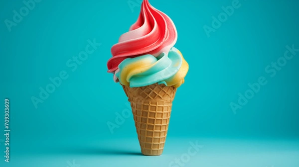 Fototapeta ice cream cone with colorful frosting 3d render on blue background