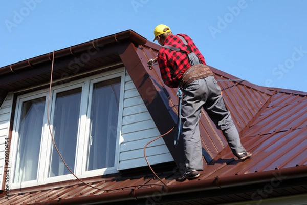 Obraz roofer builder worker spraying paint on metal sheet roof