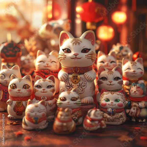 Fototapeta 招き猫の集団。猫。縁起物。置物。人形。