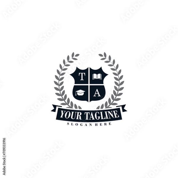 Fototapeta University and academy vector icons. Bachelor hat, leaf, book, or crown icons. Vector golden wreath Logo Template. Beautiful badge design for high school education graduates in maritime science, law, 