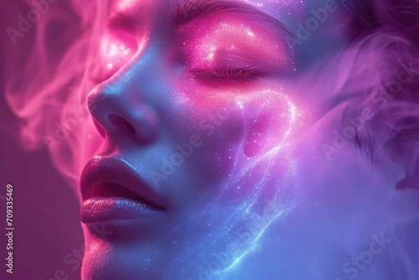 Fototapeta Striking portrait with contrasting blue and red lighting.. Close-up of a woman's face bathed in neon glow, zen 