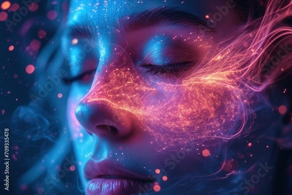 Fototapeta Vivid and intense, a portrait with dramatic color lighting.. Futuristic feel in a woman's portrait with warm and cool hues, healing mind