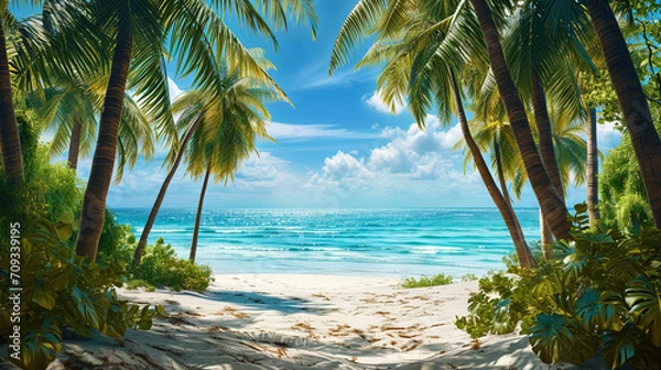 Fototapeta A line of palm trees framing white sand, against the background of a sparkling ocean, creates a pi