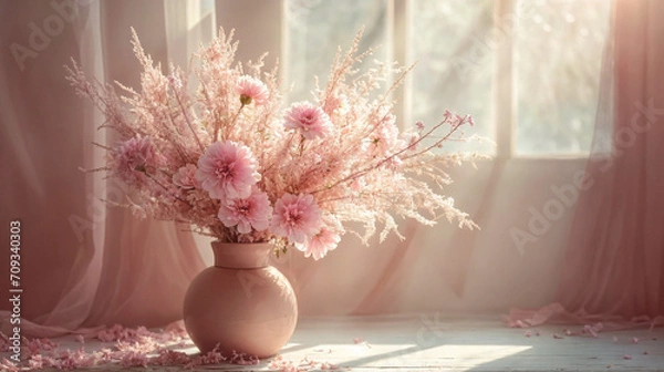 Fototapeta A vase with a bouquet of flowers by the window. Romantic illustration of trendy color 2024 for covers, banners, social media, wallpapers and more. 