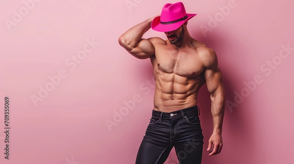 Fototapeta Bad Cowboy in Pink Tones - Adding a Sexy and Edgy Flair to the Wild West Aesthetic with Bold Pink Tones, Copy space	