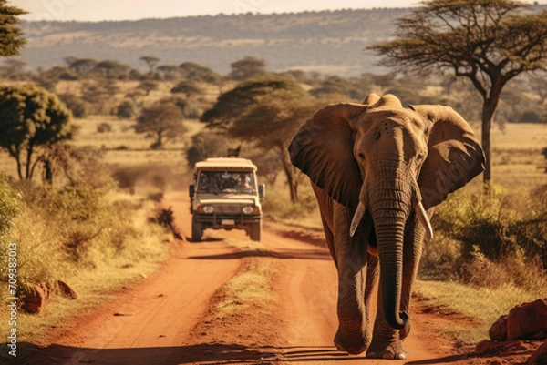 Obraz African Elephant Blocking Safari Path
