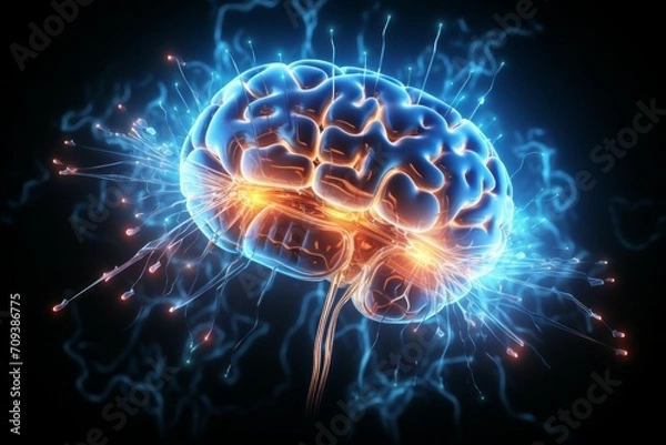 Fototapeta Hologram of the brain. Background with selective focus and copy space