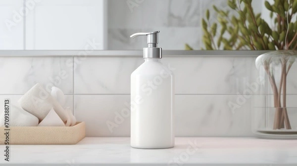 Obraz 3D rendering of liquid soap packaging bottles in a modern clean bathroom, without labels for mock up template purposes.