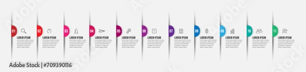 Fototapeta business infographic 11 parts or steps, there are icons, text, numbers. Can be used for presentation banners, workflow layouts, process diagrams, flow charts, infographics, your business presentations
