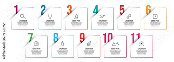 Fototapeta business infographic 11 parts or steps, there are icons, text, numbers. Can be used for presentation banners, workflow layouts, process diagrams, flow charts, infographics, your business presentations
