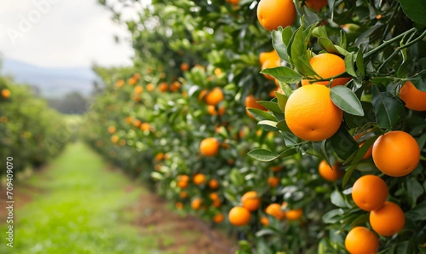 Fototapeta an orange grove with lots of oranges growing on the trees, Generative AI