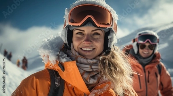 Fototapeta Happy snowboarders having fun on top of snow mountain