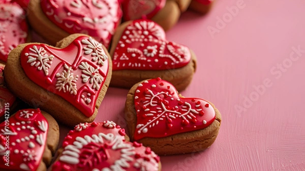 Fototapeta beautiful valentine's day card or banner for coffee shop, heart shaped cookies with red and white icing pattern on pink background with space for text