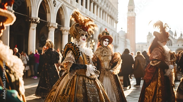 Obraz people in carnival costumes and masks in St. Mark's Square at the Venice Carnival