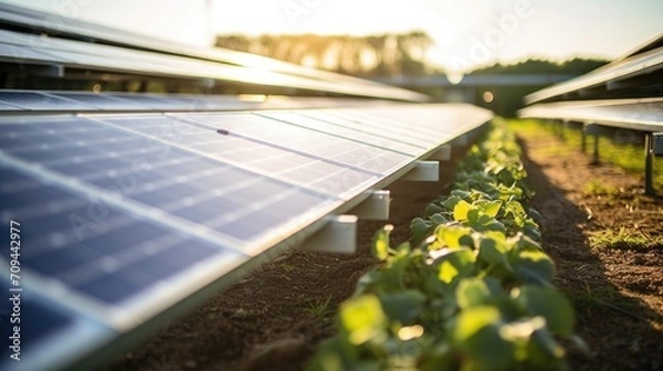 Fototapeta A farm equipped with solar panels and clean energy sources, showcasing the commitment to sustainable and ethical farming ods that prioritize the wellbeing of the environment.
