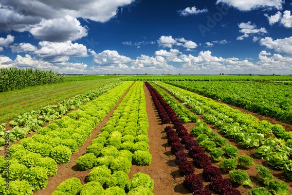 Fototapeta Agricultural industry. Growing salad lettuce on field