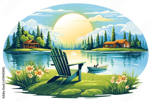 Obraz Idyllic lake view with Adirondack chairs