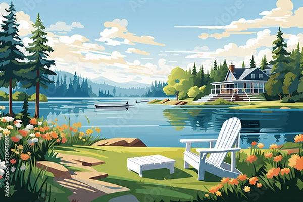 Obraz Idyllic lake view with Adirondack chairs