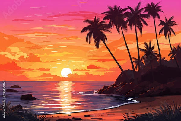 Obraz Tropical beach sunset with palm trees