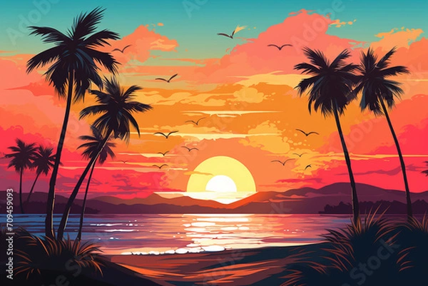 Obraz Tropical beach sunset with palm trees