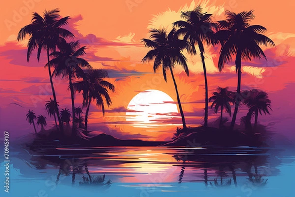 Obraz Tropical beach sunset with palm trees