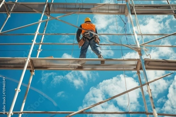 Obraz construction worker installation ceiling work at construction site.