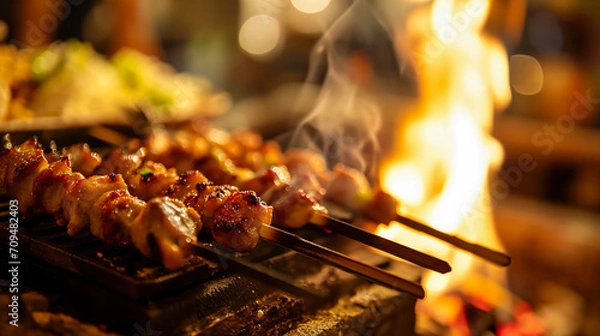Fototapeta Delicious Japanese Yakitori on Skewers	