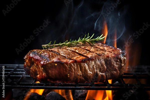 Fototapeta Beef steak being grilled on a charcoal grill with fire and smoke.