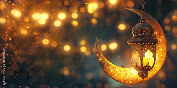 Fototapeta Ramadan golden crescent moon and Ramadan lantern background