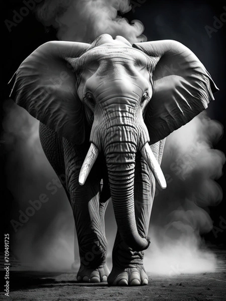 Fototapeta Majestic African Elephant - Dramatic smoke, weathered eyes, and majestic tusks in high-quality chiaroscuro photography Gen AI