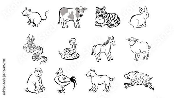 Obraz 十二支の和風ベクターイラストセット（白黒）