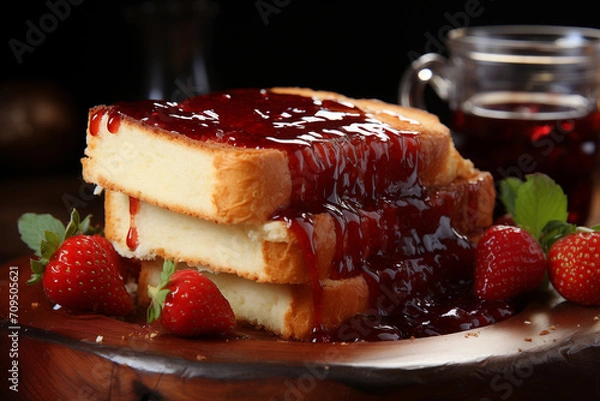 Fototapeta Closeup of slices of butter bread with raspberry jam on top in wooden board.