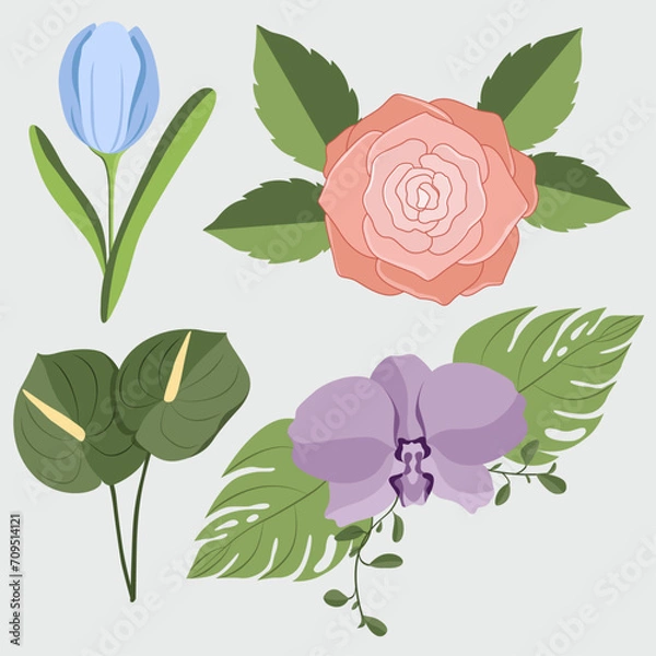 Obraz Vector set of multicolored clipart flowers and bouquets.