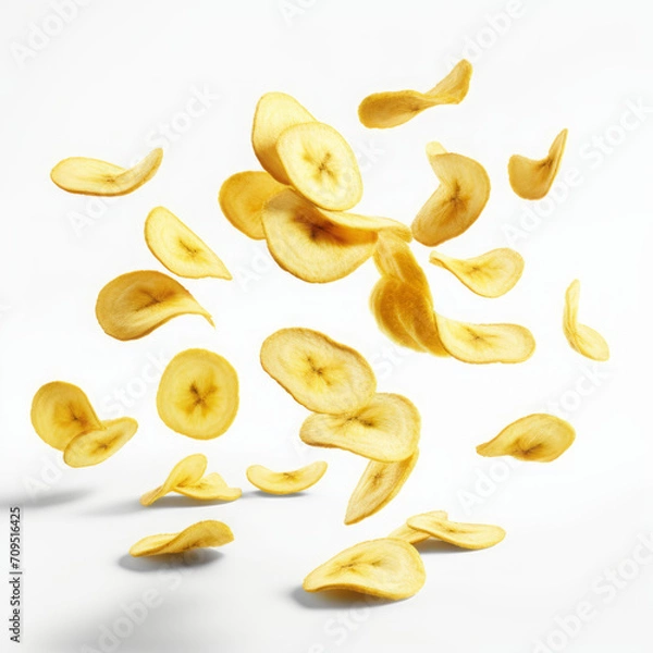 Obraz Banana chips in the air on white background