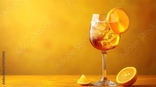 Fototapeta  a close up of a wine glass on a table with a slice of orange on the side of the glass.