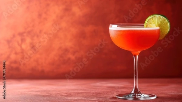 Obraz  a close up of a drink in a glass with a lime garnish on the rim and a red wall in the background.