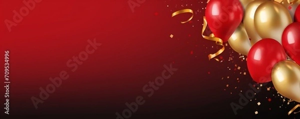 Fototapeta Celebration party banner background with red and gold balloons and confetti, with empty copy space Generative AI
