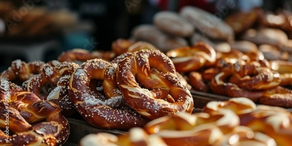 Obraz Golden brown pretzels with white salt crystals, ready to be enjoyed at a market.