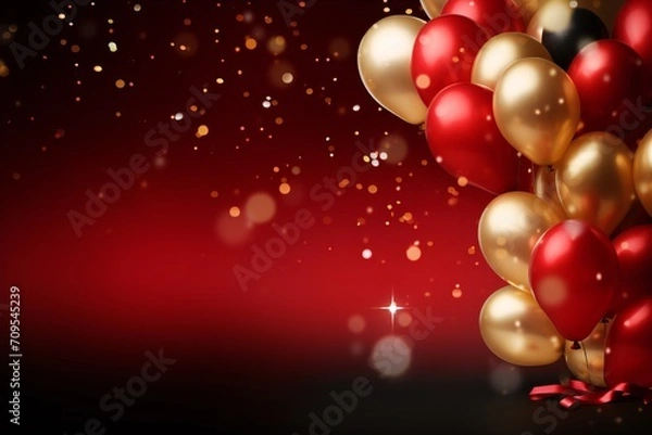 Fototapeta Dramatic party banner background with red and gold balloons and confetti, with empty copy space Generative AI