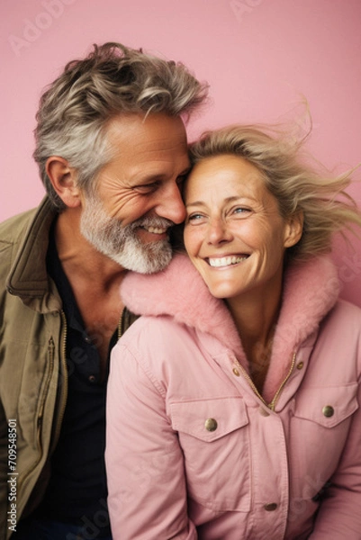Fototapeta Portrait of a happy senior couple embracing each other and looking at camera over pink background.