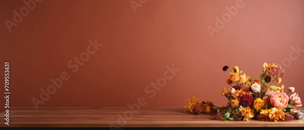 Obraz Bouquet of dried flowers on wooden table in front of red wall.