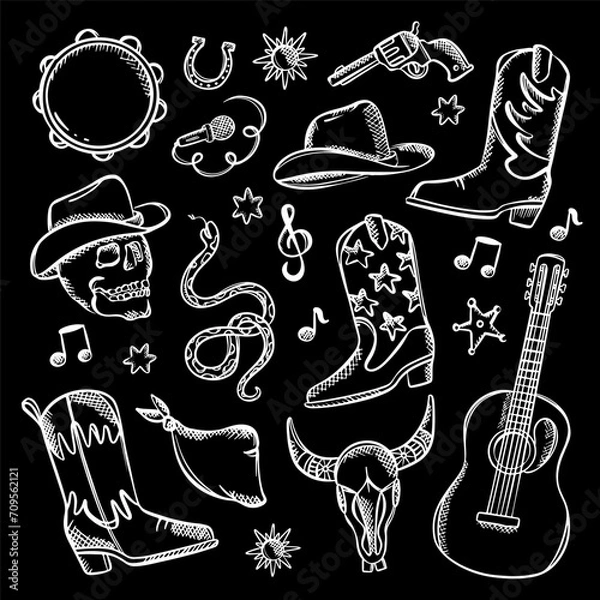 Obraz COUNTRY FEST Monochrome Western Music Symbols Vector Set Musical Set Of Bright Clip Art Cowboy Boots And Hat Colt Guitar Tambourine And Bull's Skull Vector