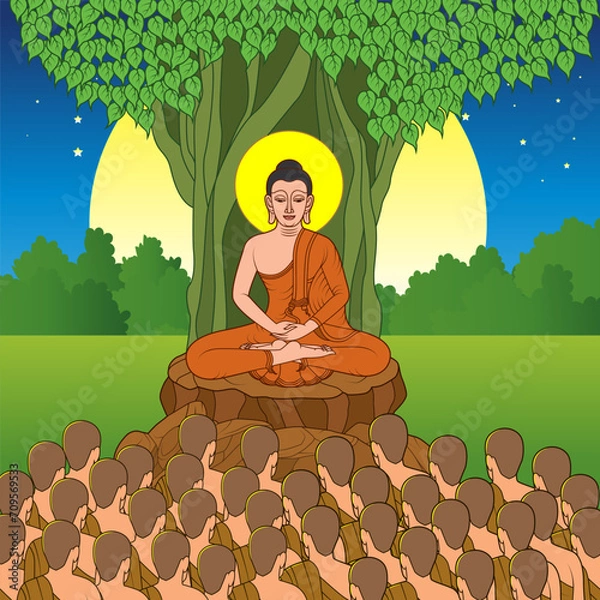 Fototapeta Makha Bucha day is an important Buddhist Day. The lord Buddha sits on a rock under the Bodhi tree. Is teaching the monks with a background of grass, trees, and full moon and the stars of the night.