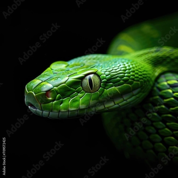 Fototapeta In this mesmerizing close-up, encounter a vibrant green snake showcasing its intricate scales, offering a captivating glimpse into the wild beauty of nature in 2025