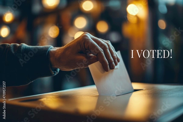 Fototapeta Eagerly putting their vote into the ballot box, the voter's hand showcases the essence of democracy, contributing to the collective decision-making process with their carefully chosen ballot.